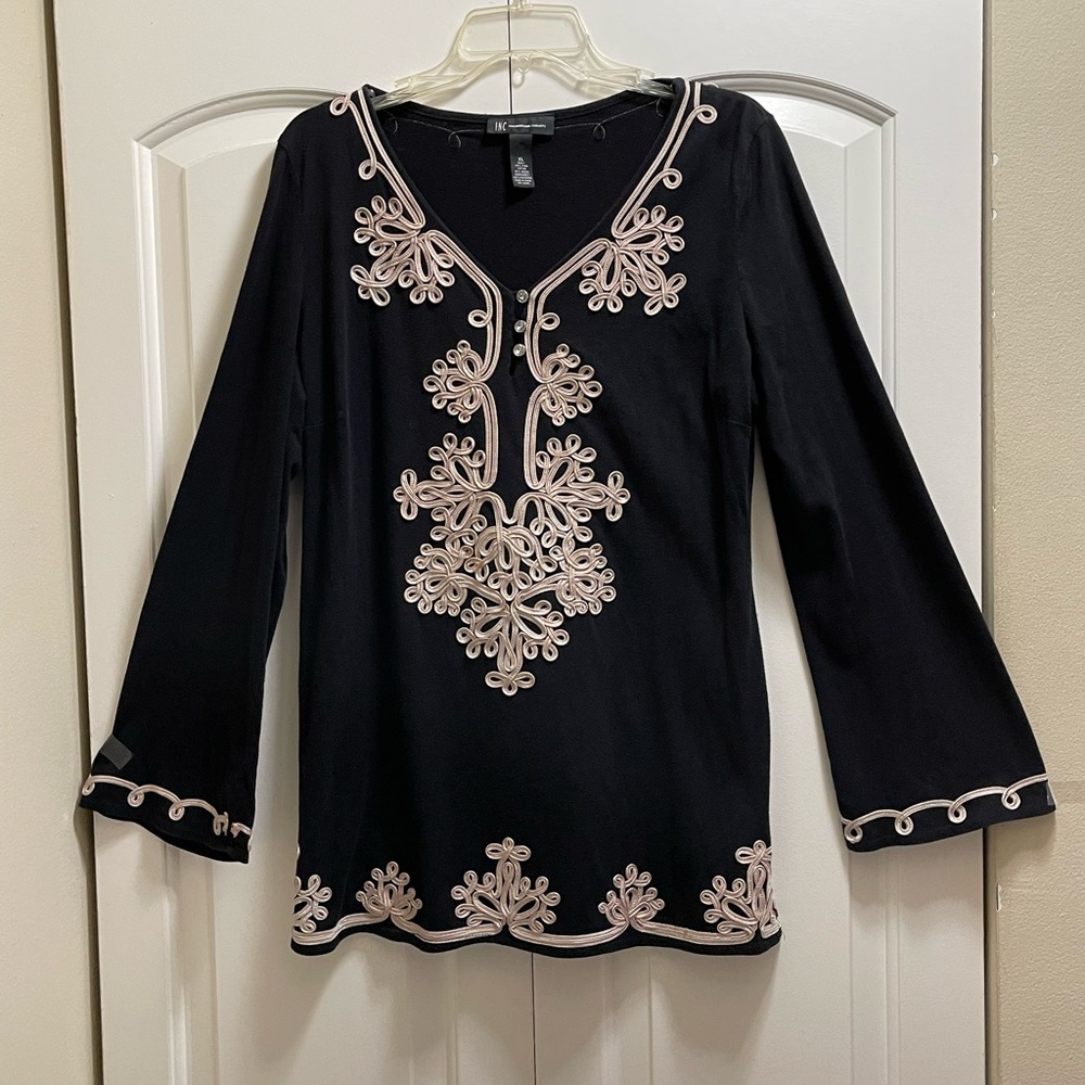 ***SALE - INC Tunic Top-Black, beige Embroidery & bell sleeves